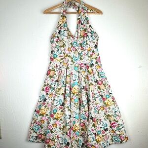 Unique Vintage Halter Button Down Floral Crane Print Midi Dress